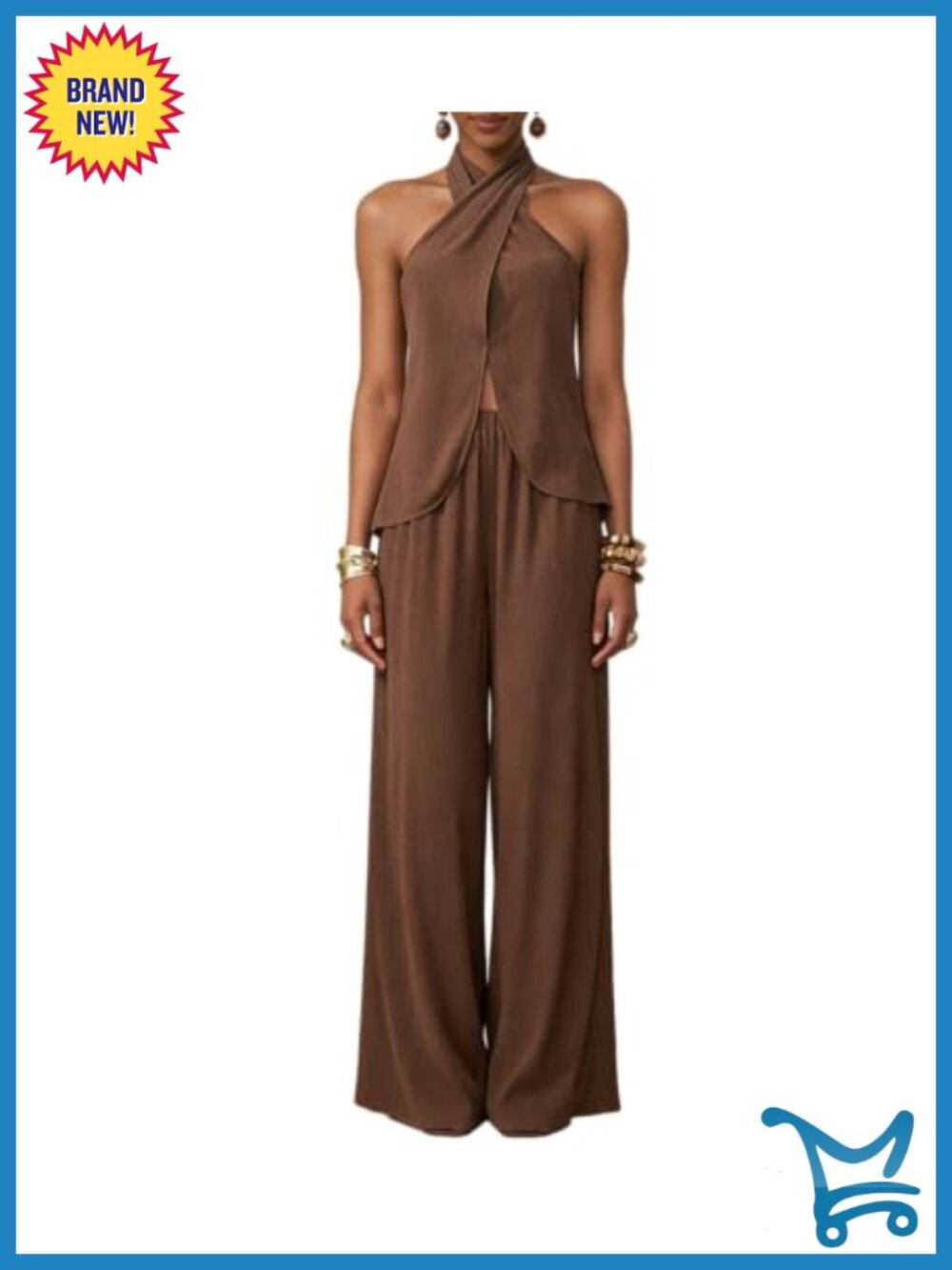 Women's 2 Piece Outfit Sleeveless Halter Wrap Vest High Waisted Wide Leg Pants
